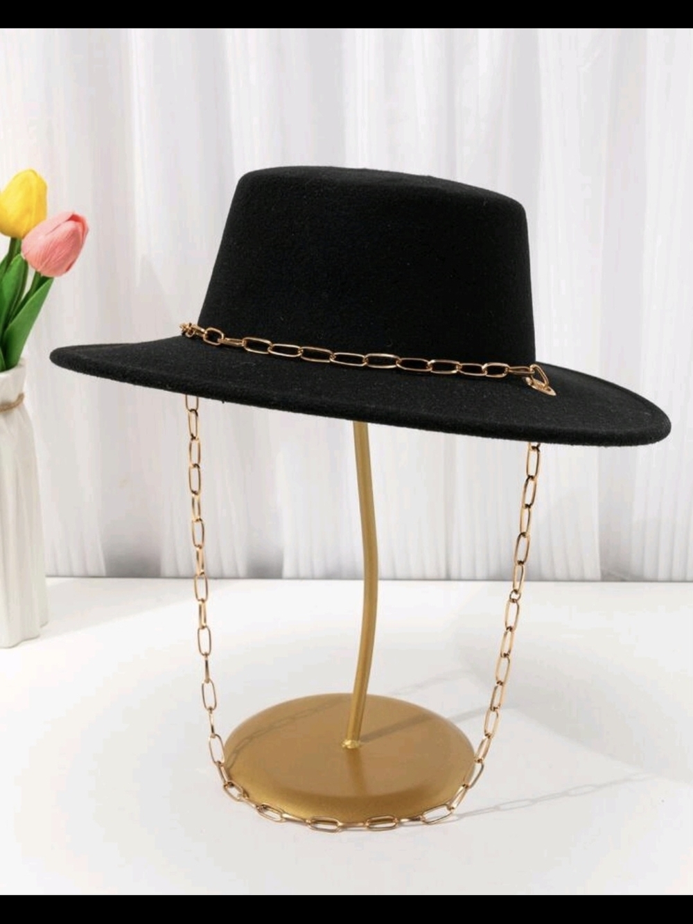 SHEIN Black Wide Brim Fedora with Gold Chain Detail